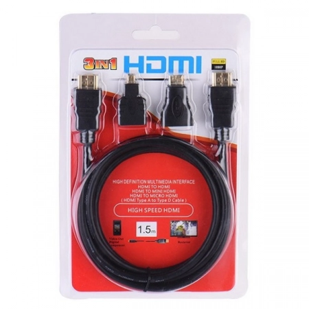 Кабель 3 в 1 HDMI - HDMI + Mini HDMI + Micro HDMI v1.4 1.5м (черный)